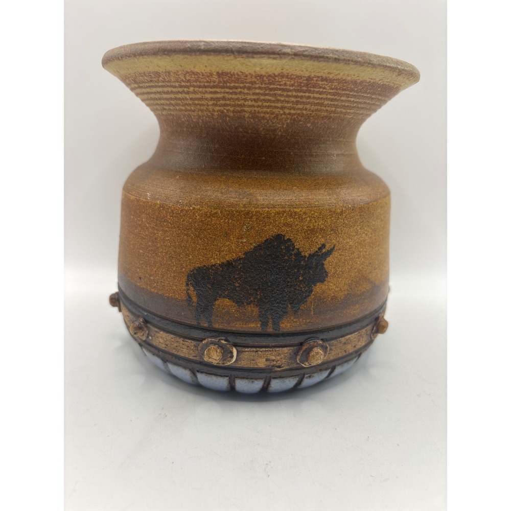 Vintage Studio Pottery Bison Buffalo Vase Signed Artisan Rustic Stoneware